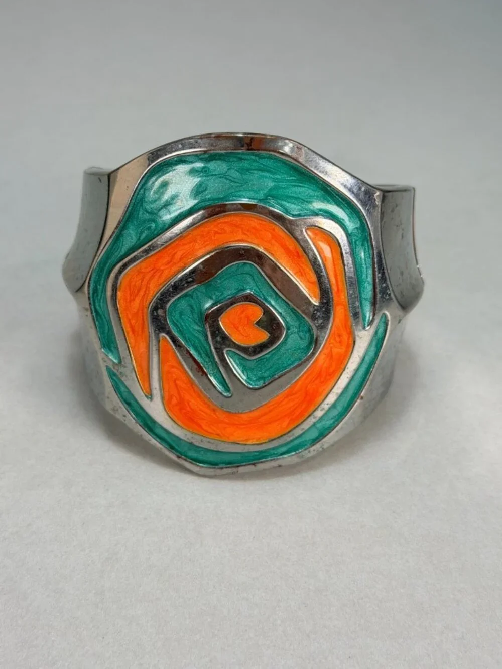 Modern Wide Enamel Hinged Bangle Bracelet Silver Tone Orange Green Abstract